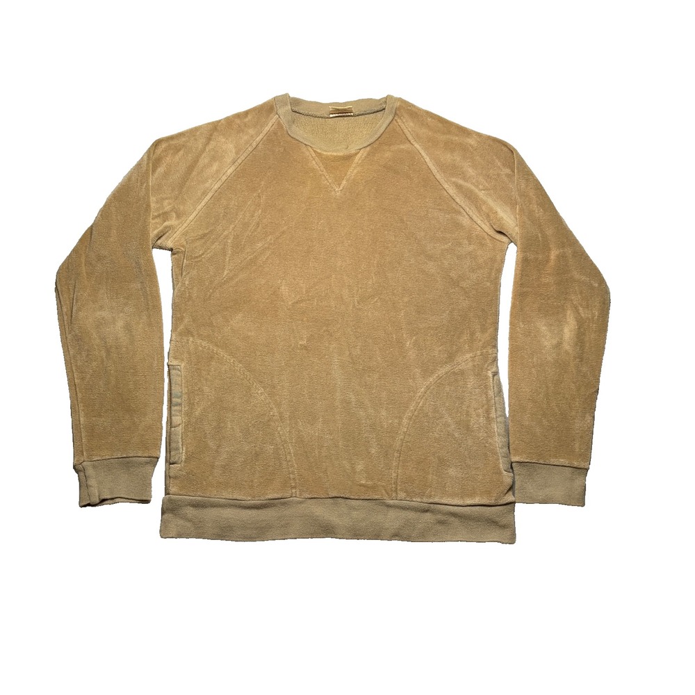 Vtg Velour Sweatshirt Womens M Tan Pullover Crewneck Pockets Retro 70s 80s